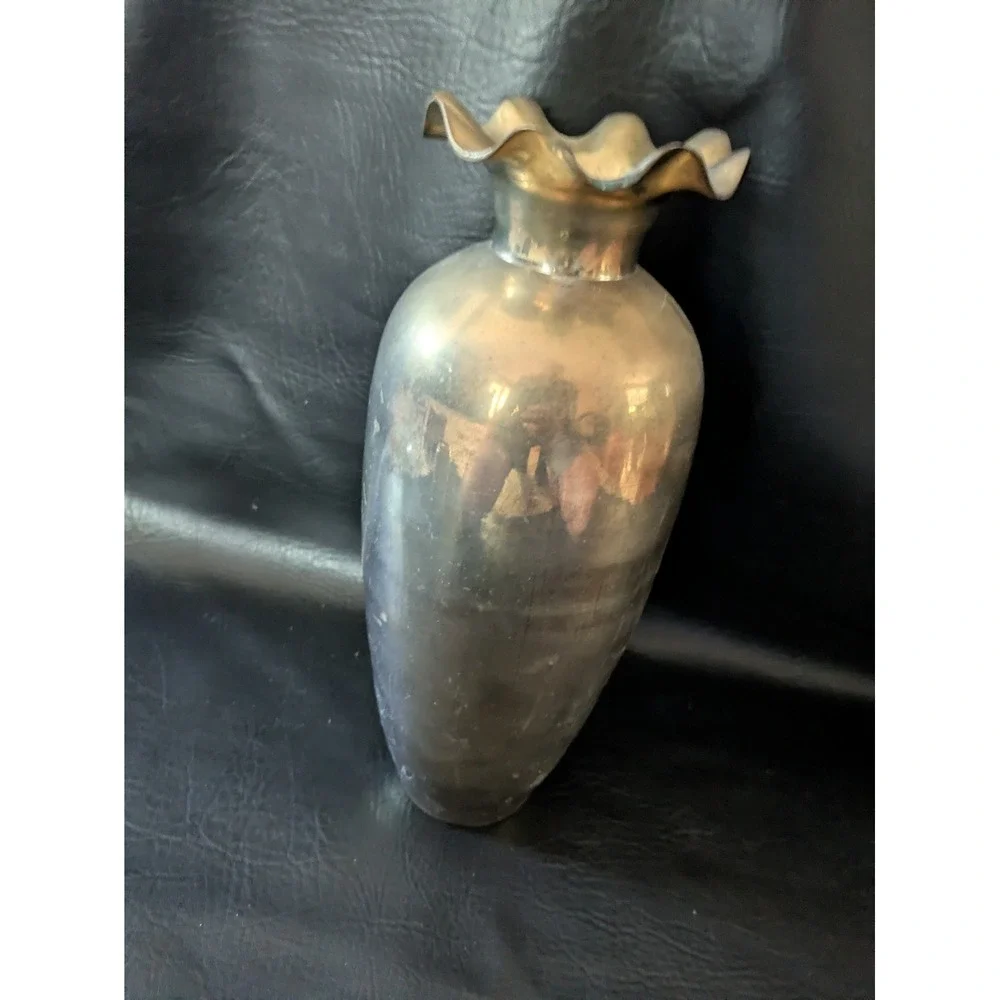 Vintage Brass Ruffled Rim Vase Tall Tapered Fluted Decorative Metal Vessel 12in